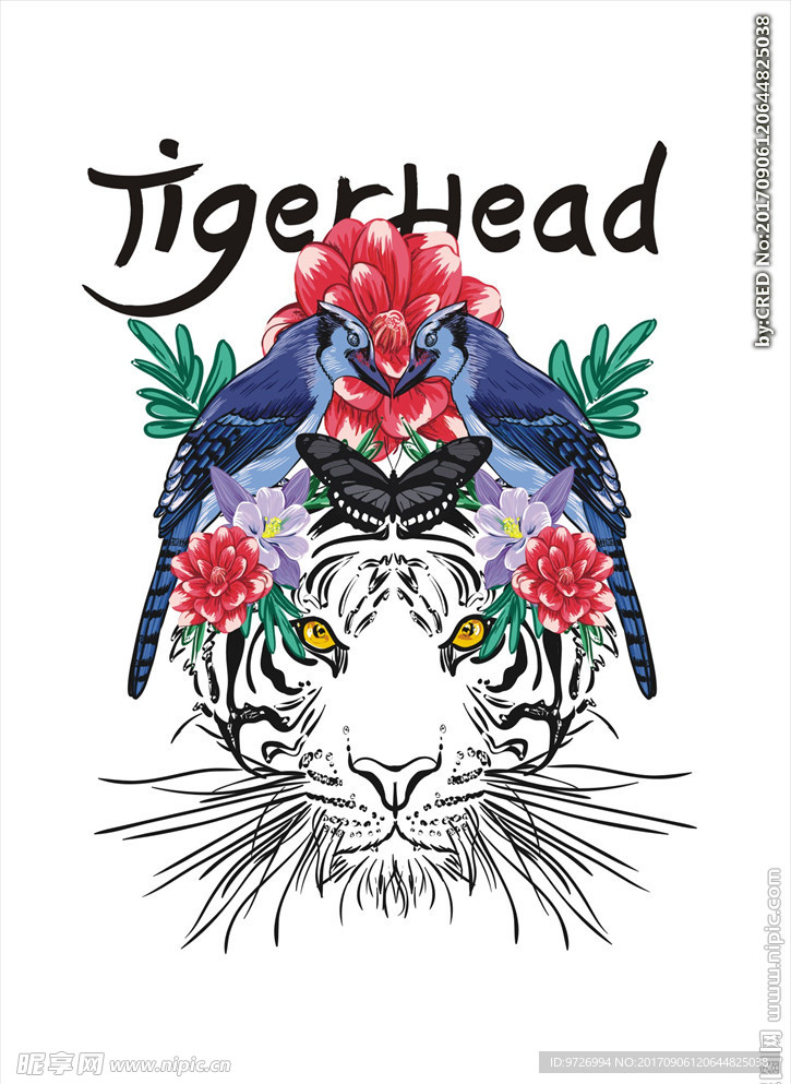 手绘小鸟花朵老虎头矢量图下载