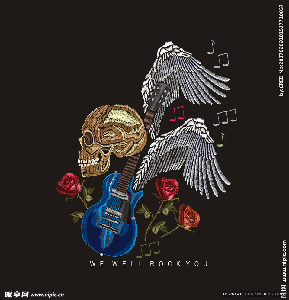 摇滚重金属骷髅翅膀绣花矢量图