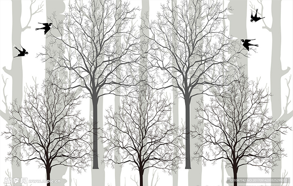 抽象手绘树鸟背景墙