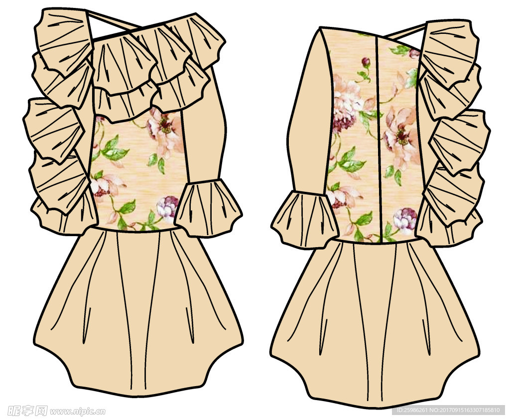 印花 荷叶边 连衣裙 矢量图