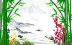 水墨山绿竹荷花梅花图