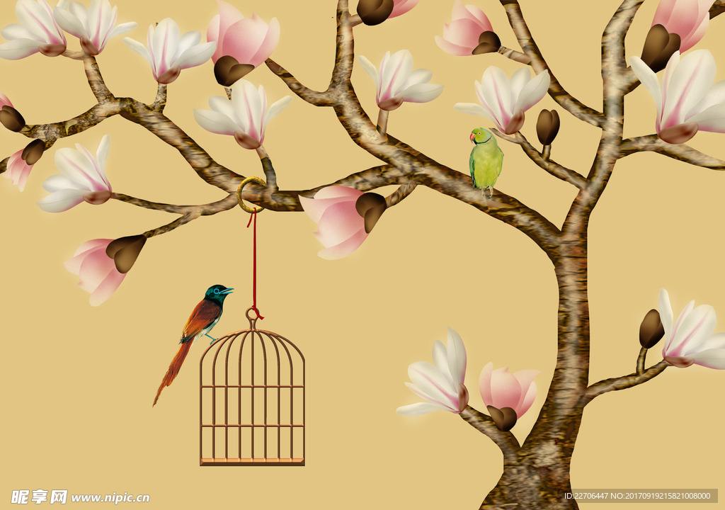 手绘玉兰花鸟图