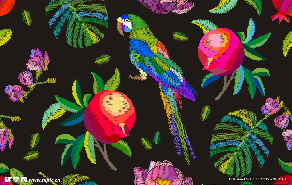 植物花朵花卉花鸟刺绣矢量图下载