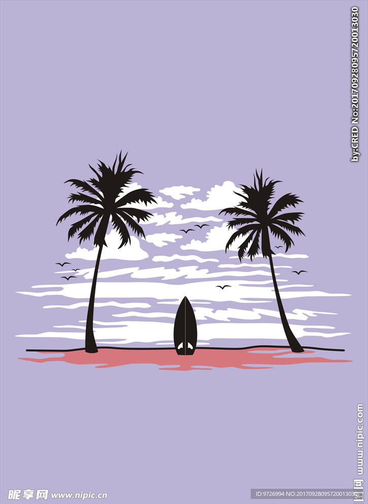 海岸沙滩椰树孤舟矢量图下载