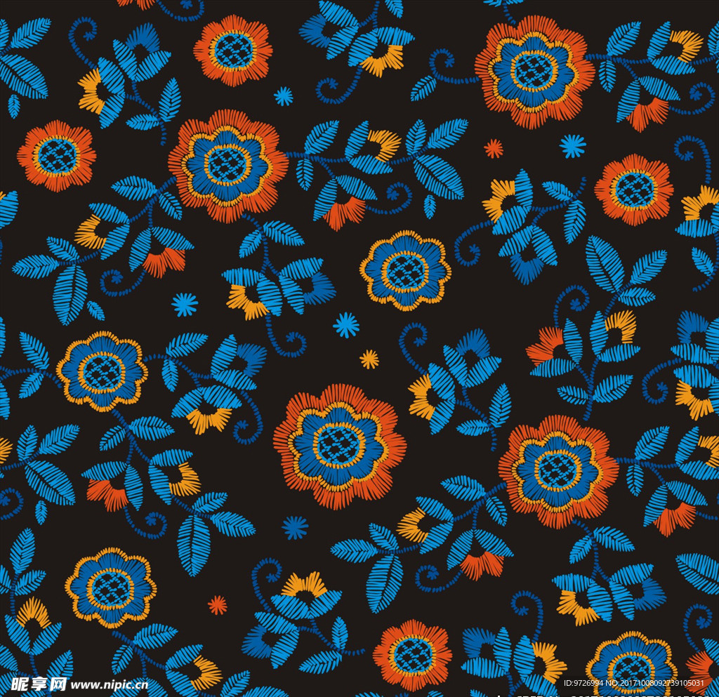 植物花朵花卉刺绣效果矢量图下载