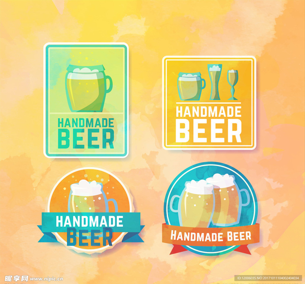 4款彩绘手工啤酒标签矢量图
