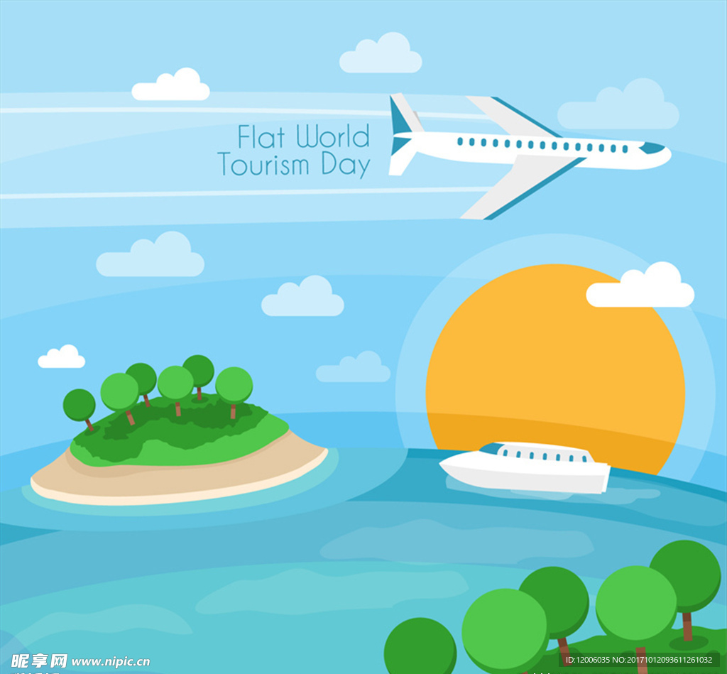 扁平化大海世界旅游日贺卡矢量图