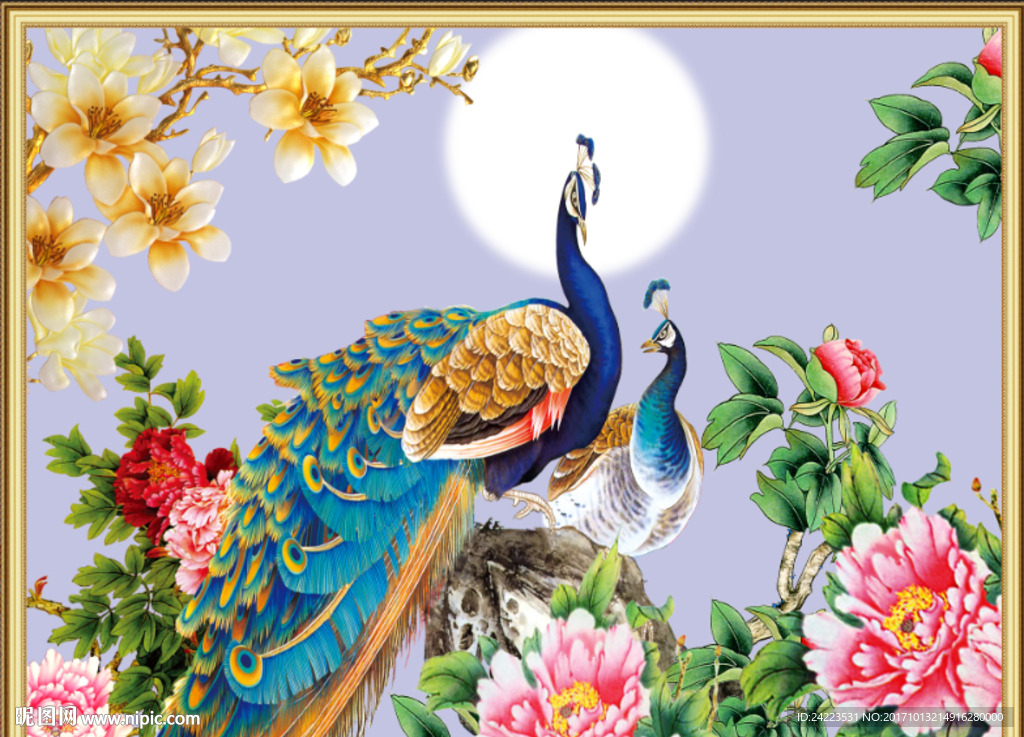 孔雀牡丹荣华富贵月光玉兰背景墙