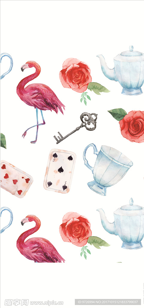 手绘火烈鸟花朵茶杯茶壶矢量图下