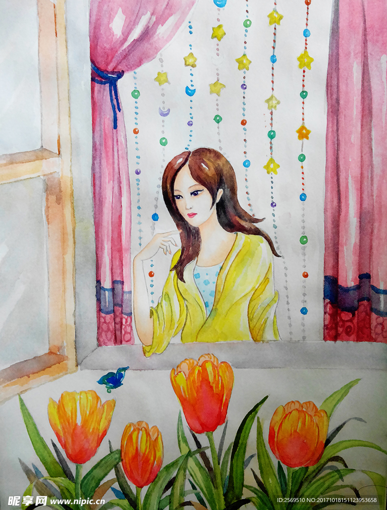 美女郁金香插画