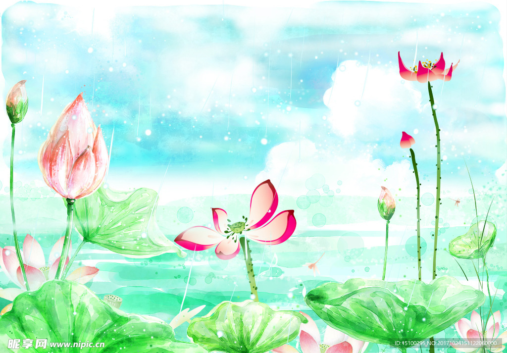 清新绿叶水墨荷花背景墙