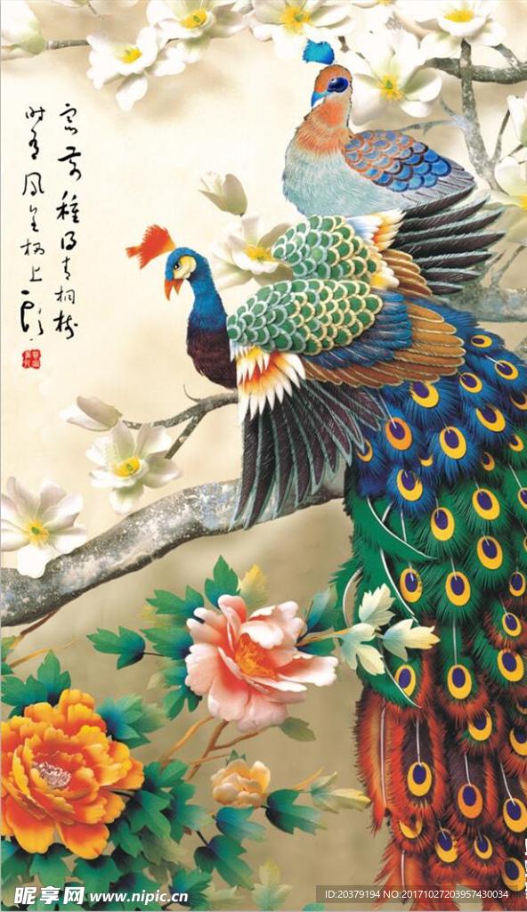 手绘孔雀牡丹花两只孔雀