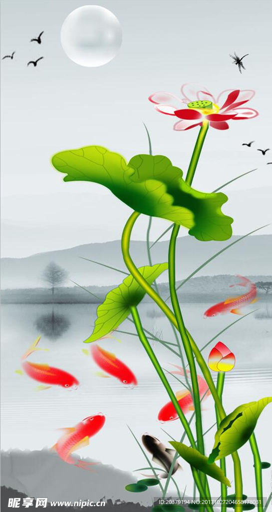 荷花九鱼水墨荷花矢量荷花