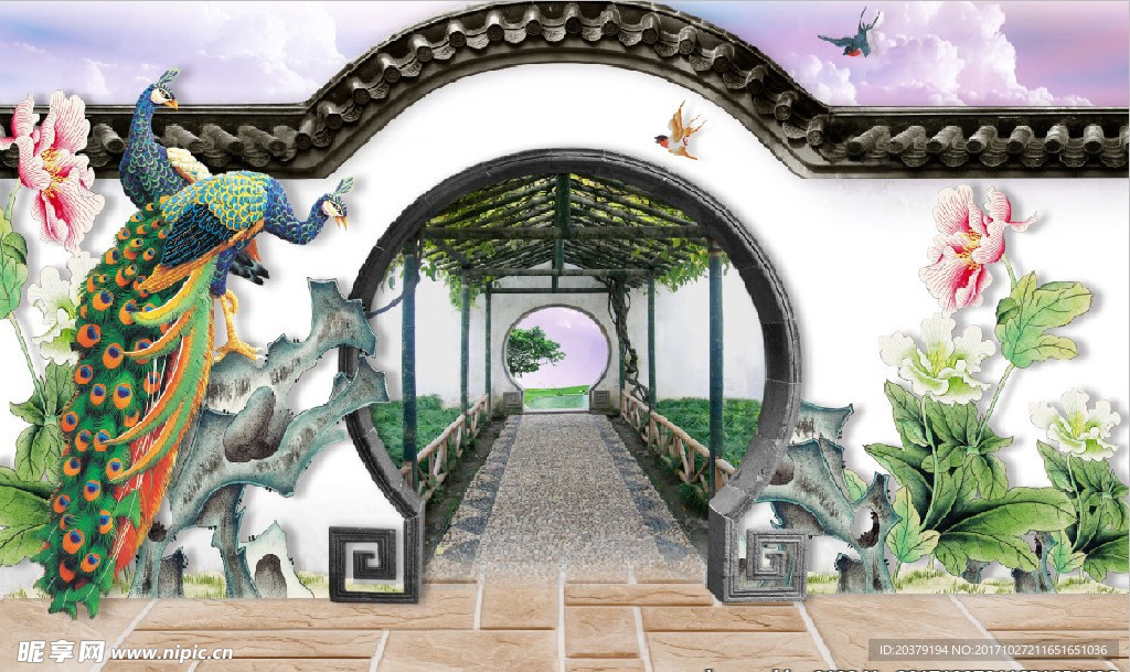 孔雀牡丹古建辕门古建花园延伸空