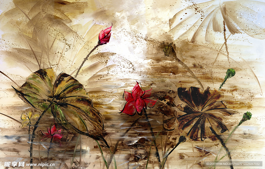 手绘复古荷花油画