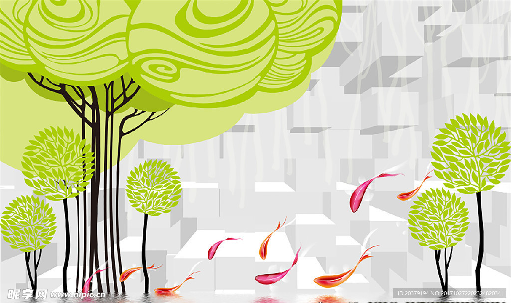 手绘树林九鱼立体方块