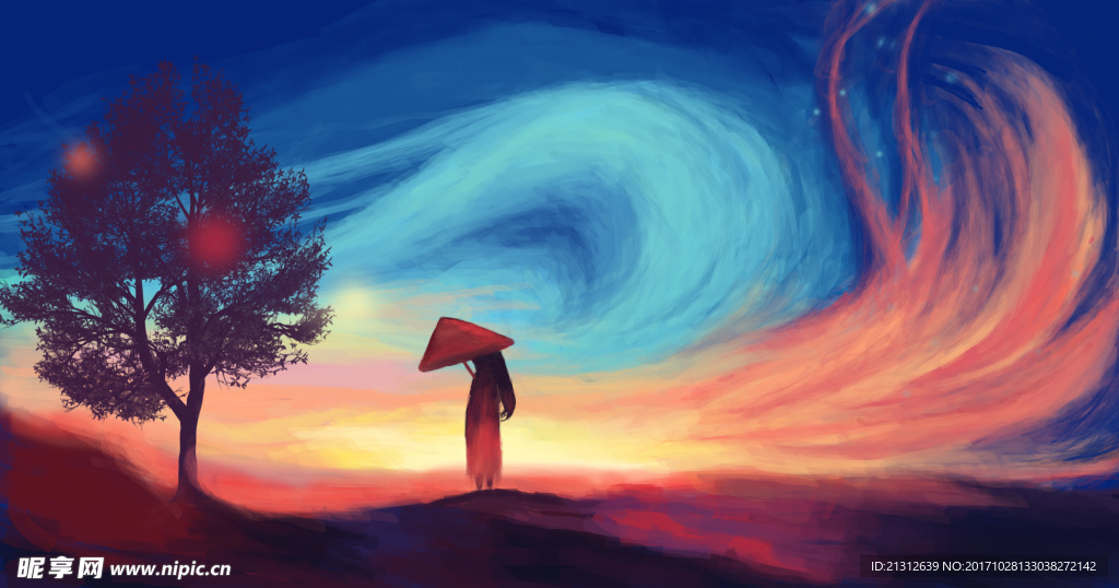 夜晚唯美焰火女孩插画