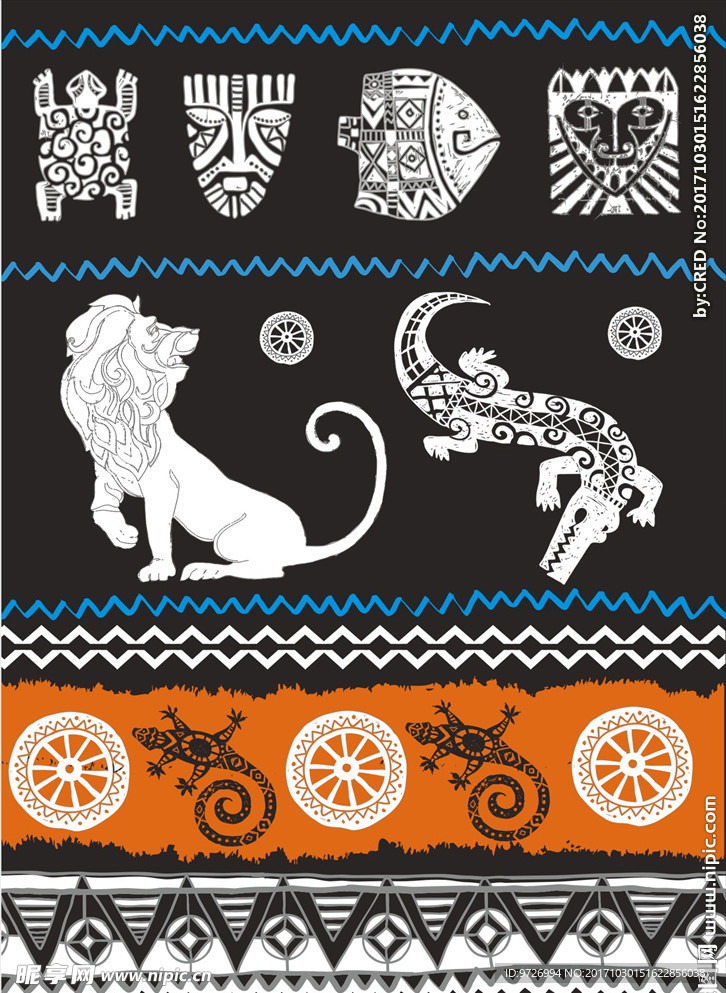 民族风花纹四方连续底纹动物图腾