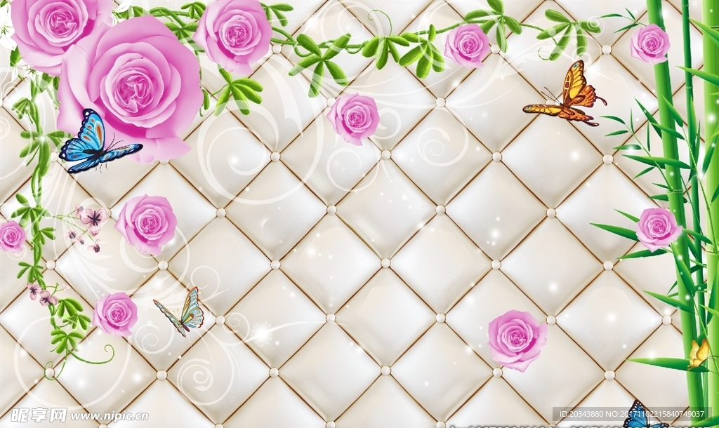 现代软包翠竹玫瑰背景墙