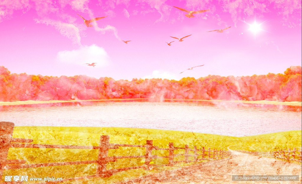 新中式抽象山水海鸥背景墙