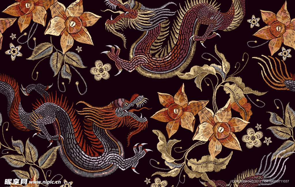 手绘龙花朵花卉刺绣矢量图