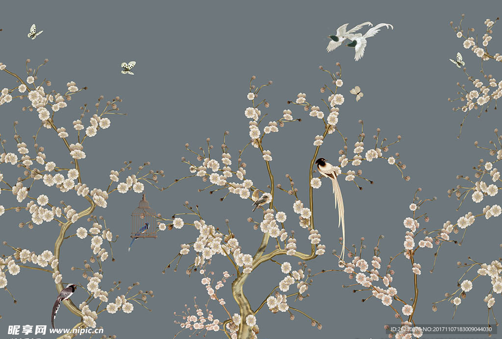 手绘工笔画花鸟新中式背景墙