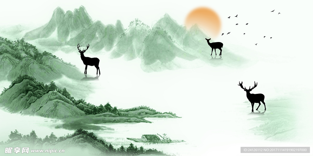 山鹿 夕阳 水墨麋鹿 麋鹿光影