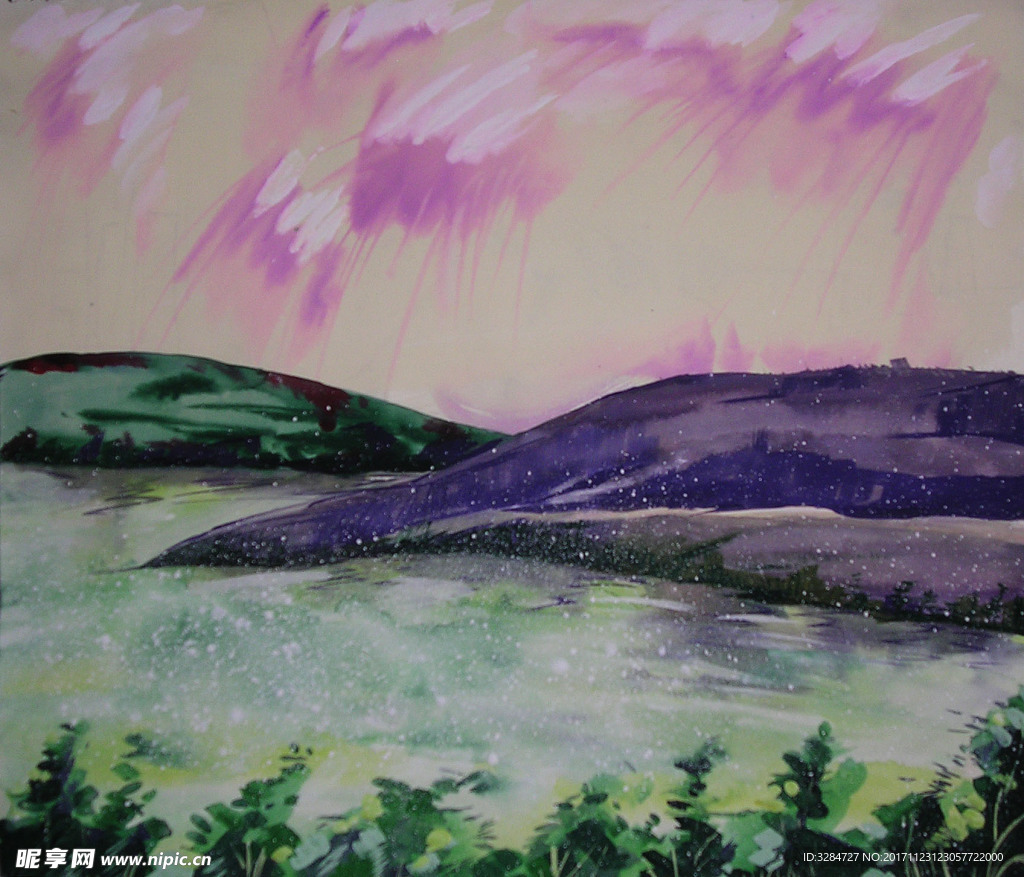 水彩画雨后的湖泊