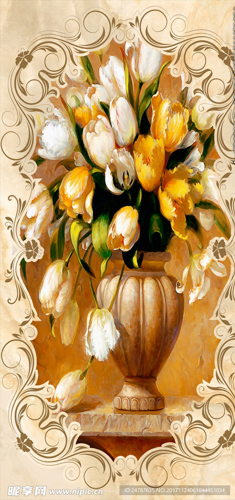 欧式花纹边框水彩油画花瓶