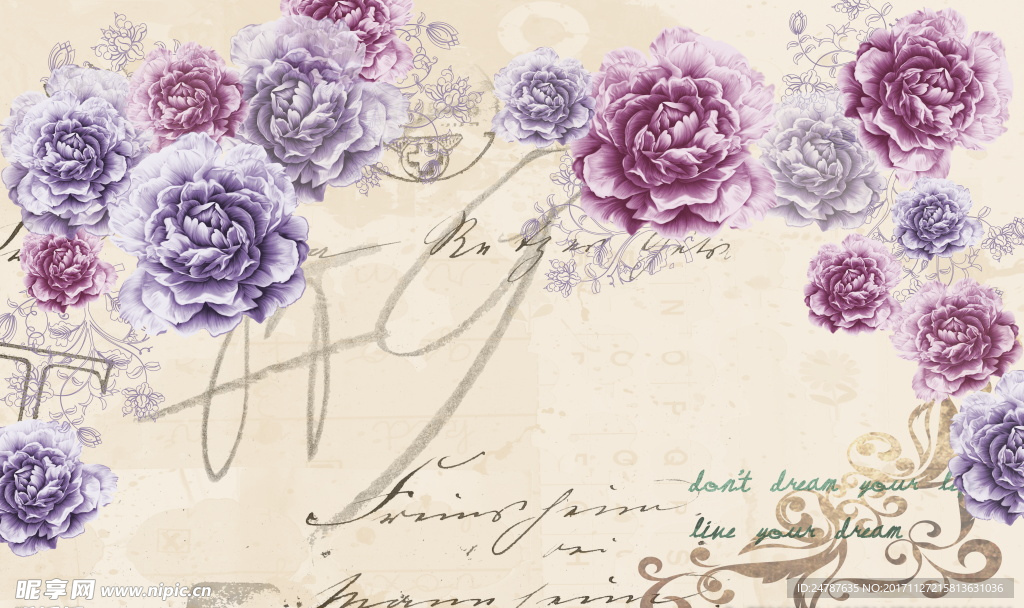 欧式字母水彩牡丹背景