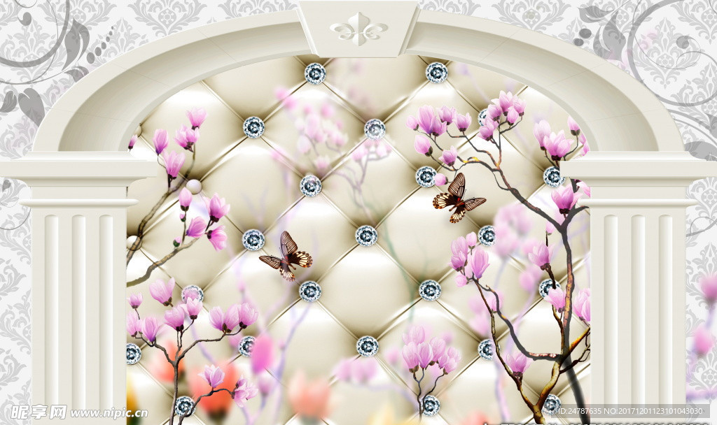 欧式罗马柱软包拱门玉兰花