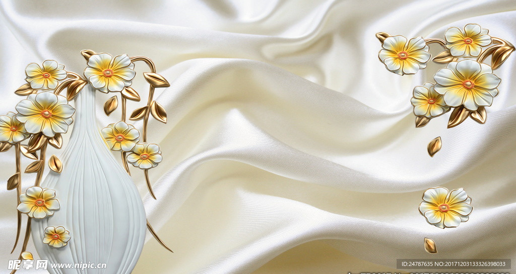 3d丝绸白色浮雕花瓶