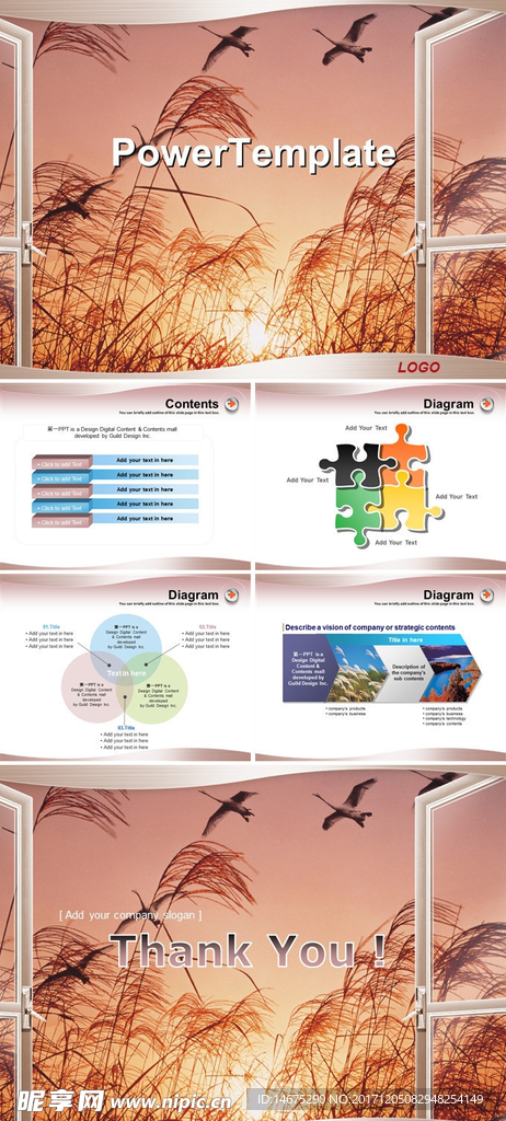 红色芦苇大雁背景PPT模板