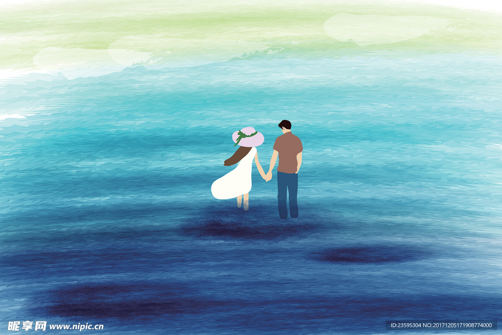 矢量手绘情侣海边插画