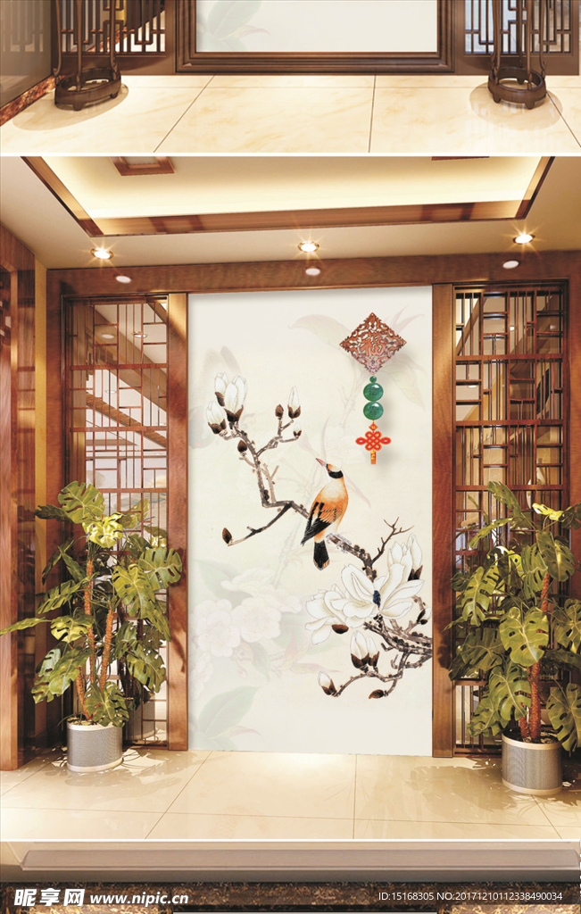 花开富贵富贵鸟玄关背景墙
