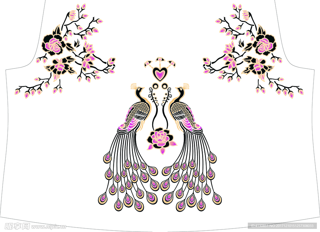 手绘 孔雀梅花 印花素材