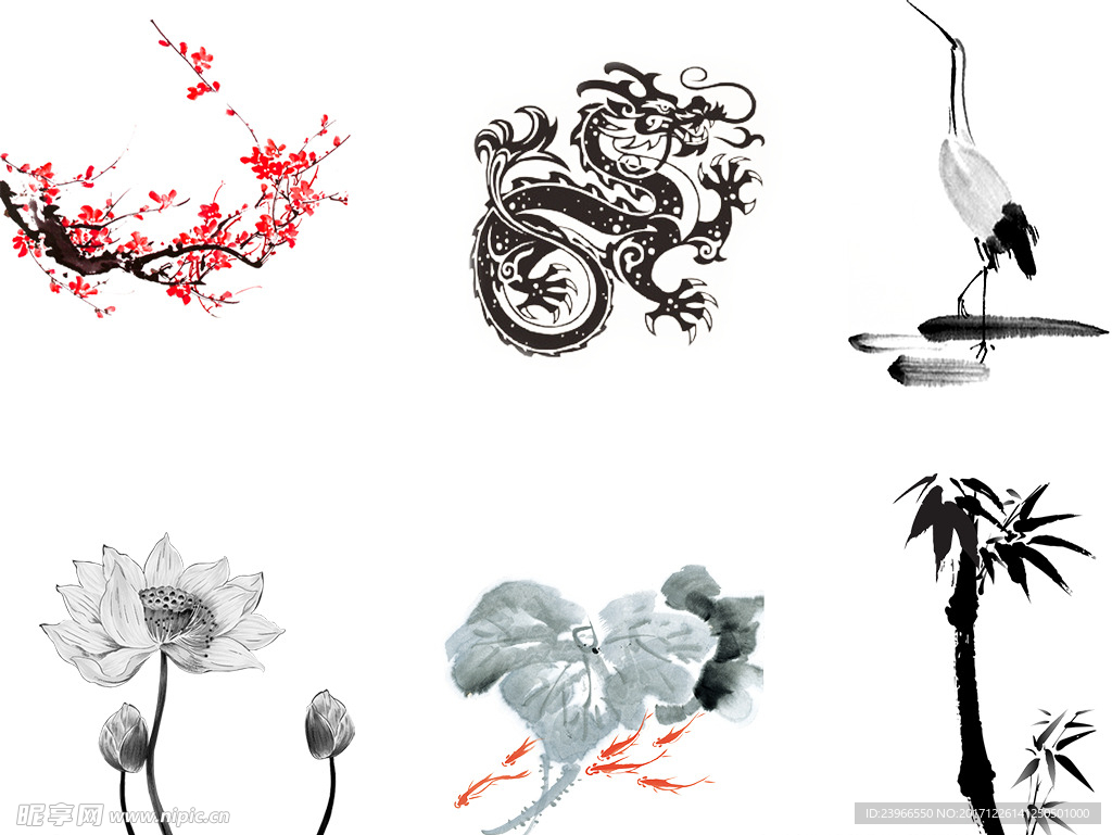 中国风水墨龙梅花仙鹤荷花金鱼竹