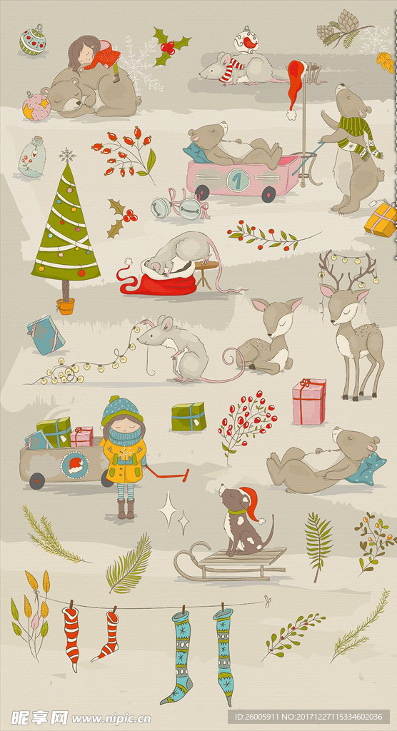 手绘冬天女孩森林动物聚会印花