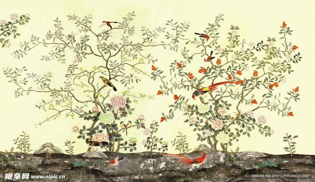 大型手绘工笔花鸟背景墙装饰画