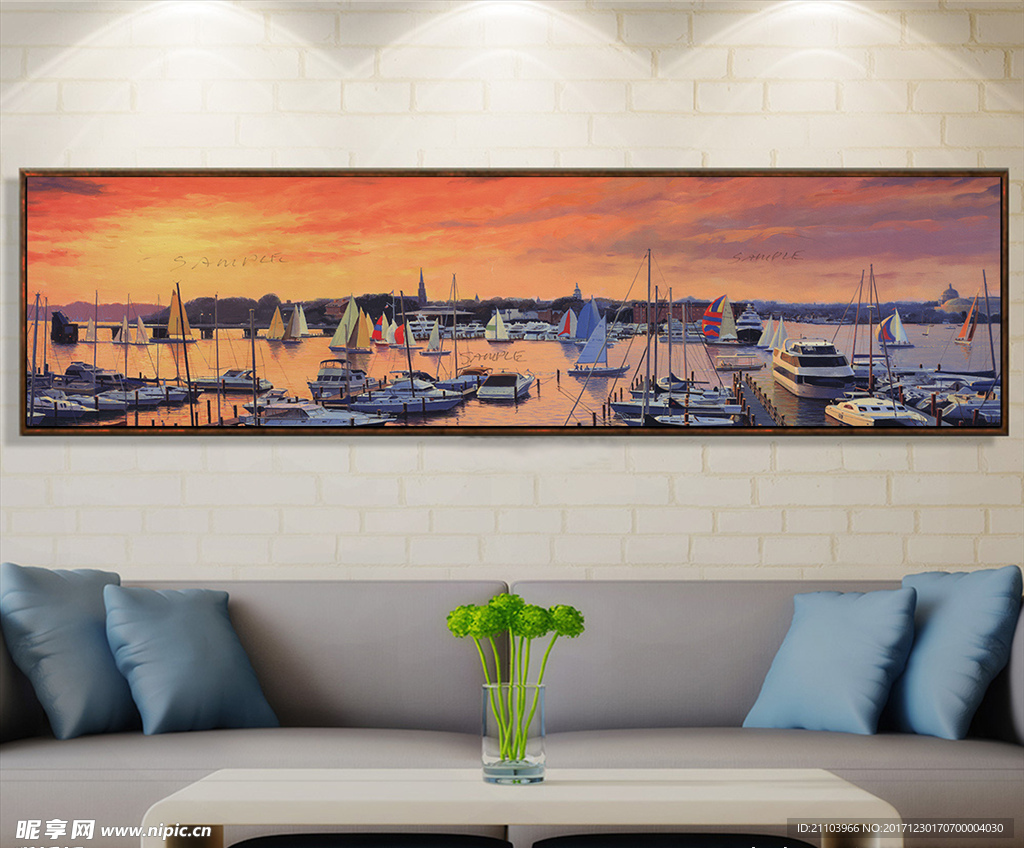 欧式复古海港油画横幅装饰画