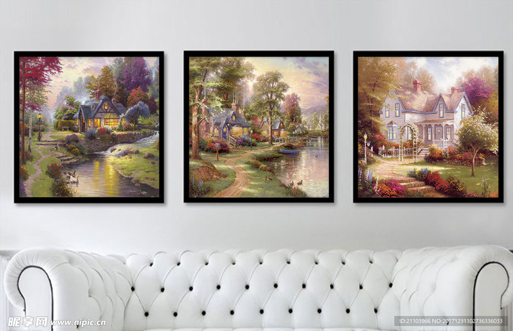 欧式唯美田园风景油画三联装饰画