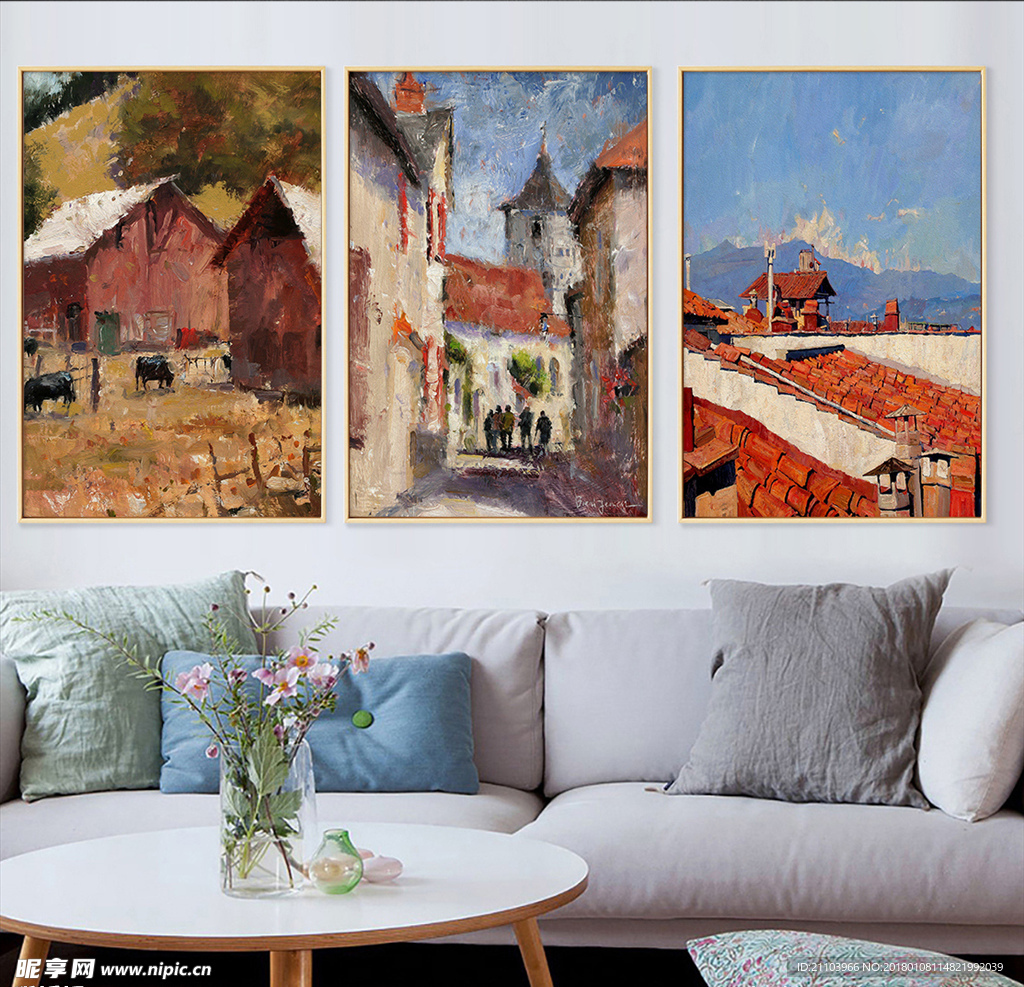 欧式复古小镇风景油画无框画