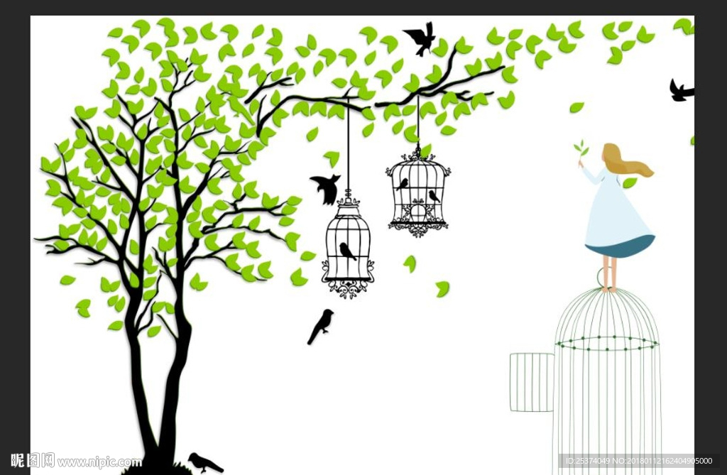 手绘矢量树飞鸟鸟笼女孩背景墙