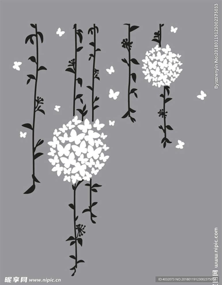 树滕垂柳和蝴蝶花AI矢量图