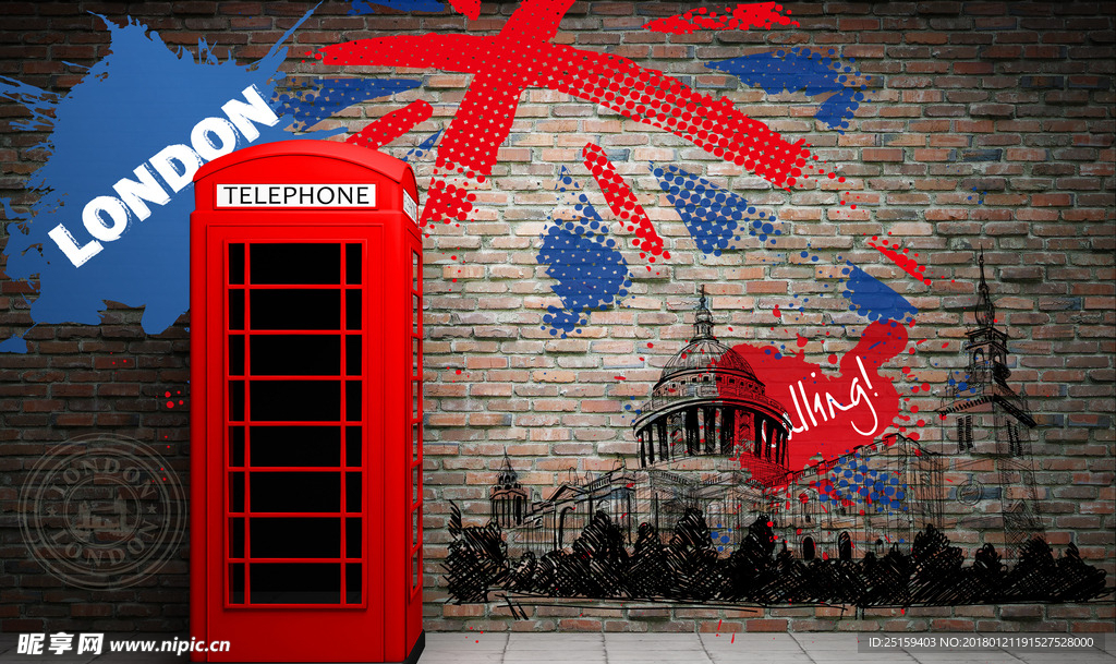 复古米字旗英文砖墙美式电话亭