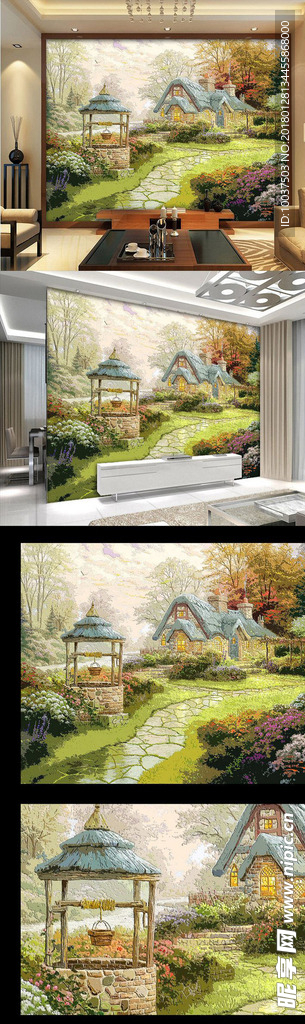 欧美乡村农家花园油画电视墙