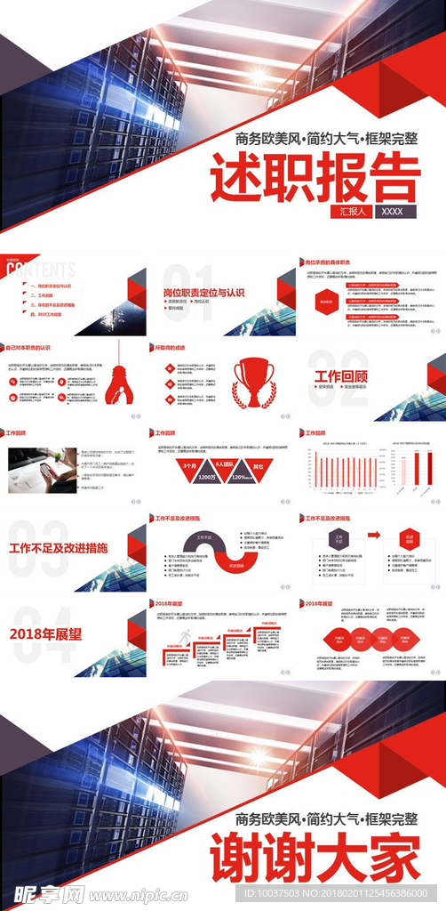欧美风简约红色述职报告PPT
