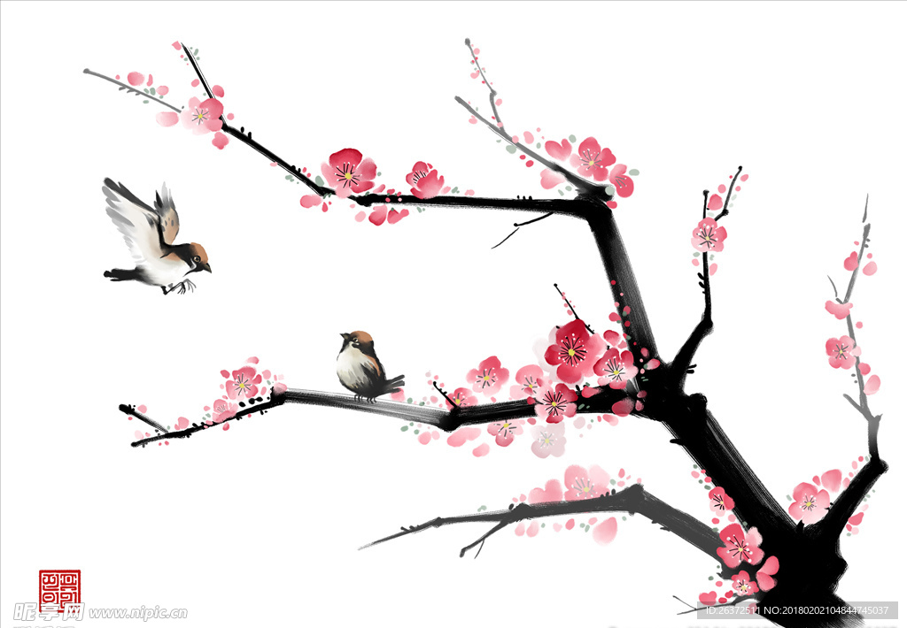 水墨梅花花鸟工笔画