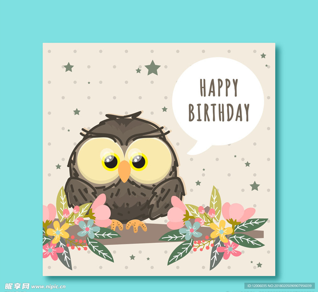 可爱猫头鹰生日贺卡矢量图