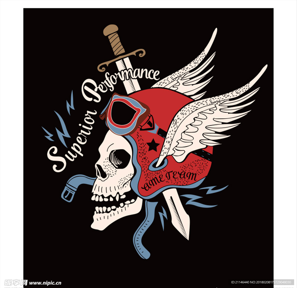 AI骷髅剑翅膀T恤印花矢量图